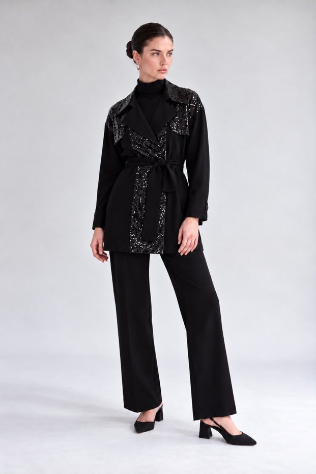 Black Sequin-Detailed Jacket Set with Belt