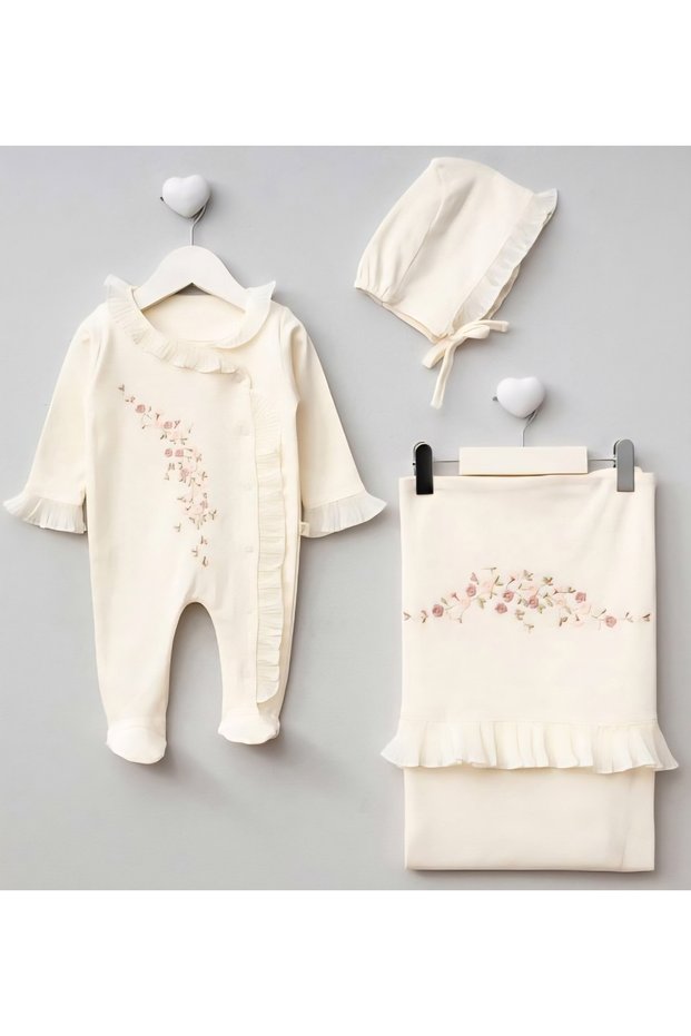 Barbosa Pugi Baby Girls' 4-Piece Embroidered Luxury Natural Hospital Outfit / Naming Ceremony Romper Set, 0–3 Months