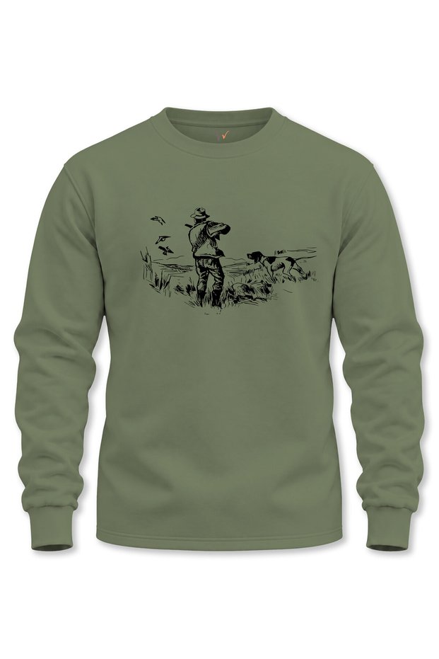 Hunter Hunting-Themed Hunting Dog Design Printed Setter Regular Fit Crew Neck Khaki Sweatshirt