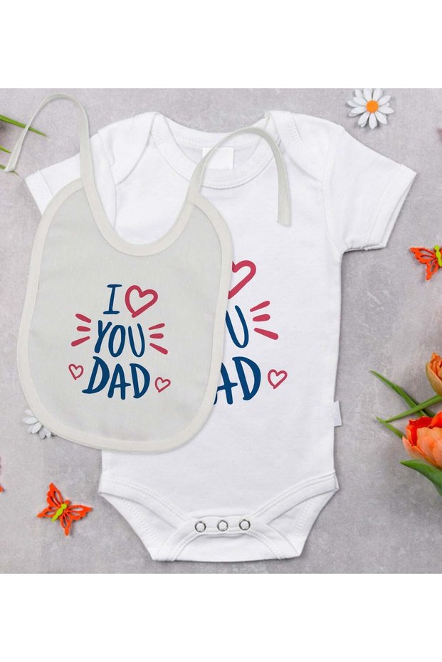 BK Kids "I Love You Dad" Design Baby Bodysuit and Bib Gift Set - Model 2, 9–12 Months