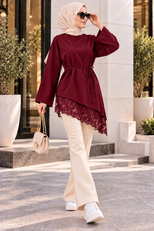 Women's Modest Lace-Detailed, Tie-Detail Asymmetrical Tunic