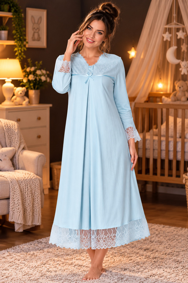 Cotton Long-Sleeved Nightgown for Pregnant and New Mothers with Discreet Nursing Features - Effortt