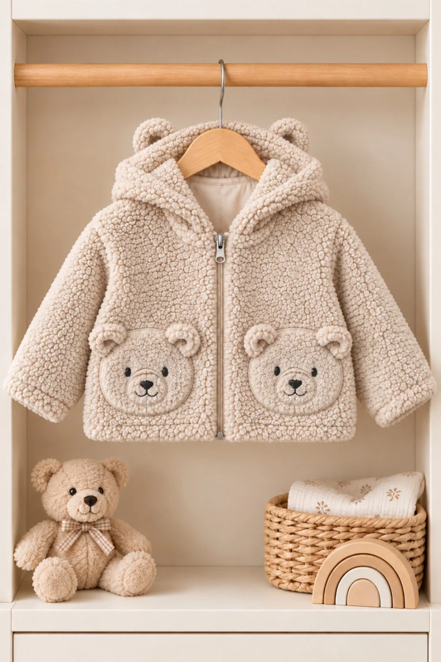 BABY PLUSH HOODED SWEATER—BEAR-EARED, POCKETED, ZIPPERED JACKET