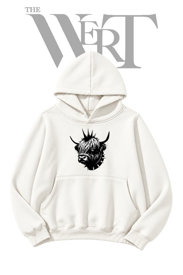 Highland Punk Cow White Hooded Sweatshirt with Front Print (2-Ply)