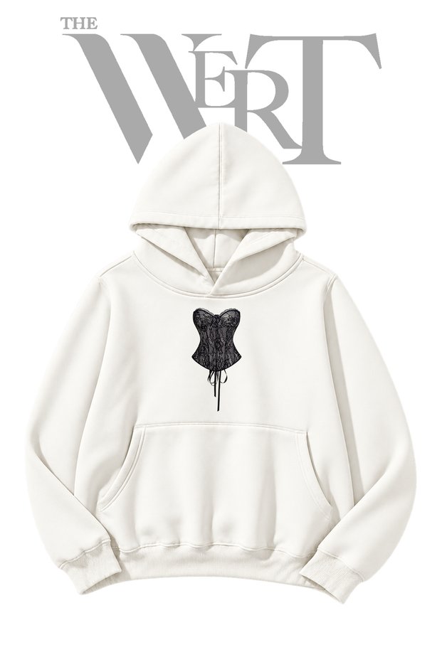 Corset-Style Lace-Front Printed White Hooded Sweatshirt (2-Ply)