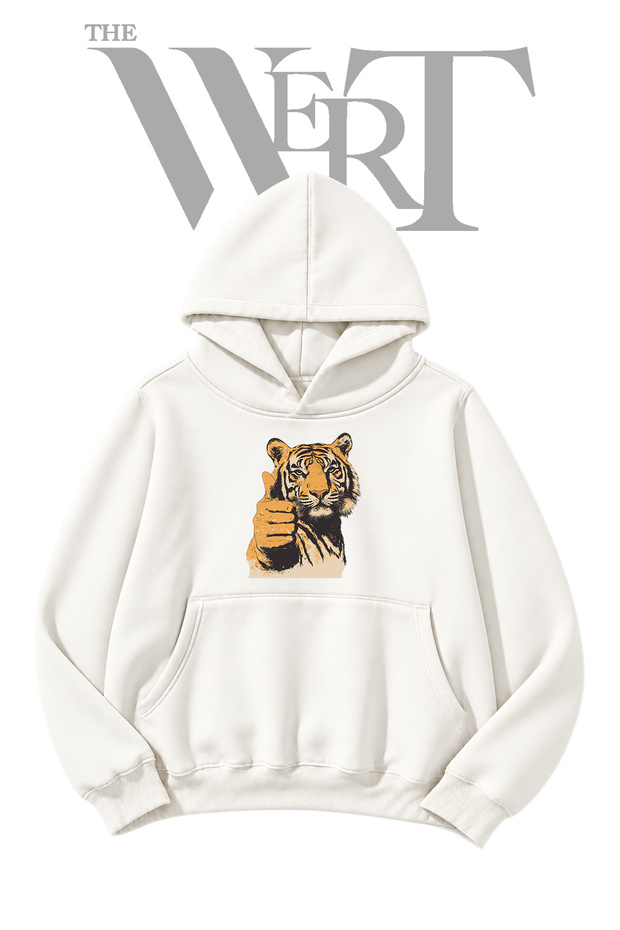 Tiger Thumbs Up Pre-Printed White Hooded Sweatshirt (2-Ply)