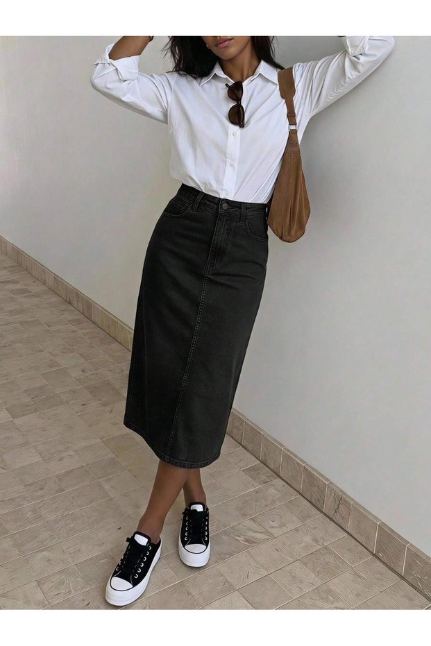 Women's Washed High-Waisted Long Midi Denim Skirt, Straight Cut