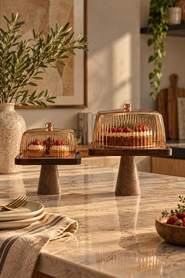 Set of 2 Large Square Wooden Stand Cake Domes and Display Stands, Natural Wood, 25 cm and 18 cm