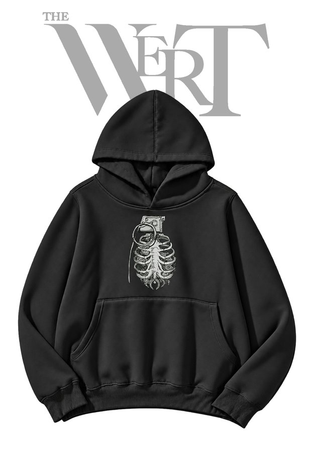 Black Hooded Sweatshirt with Front Ribbed Design (2-Ply)