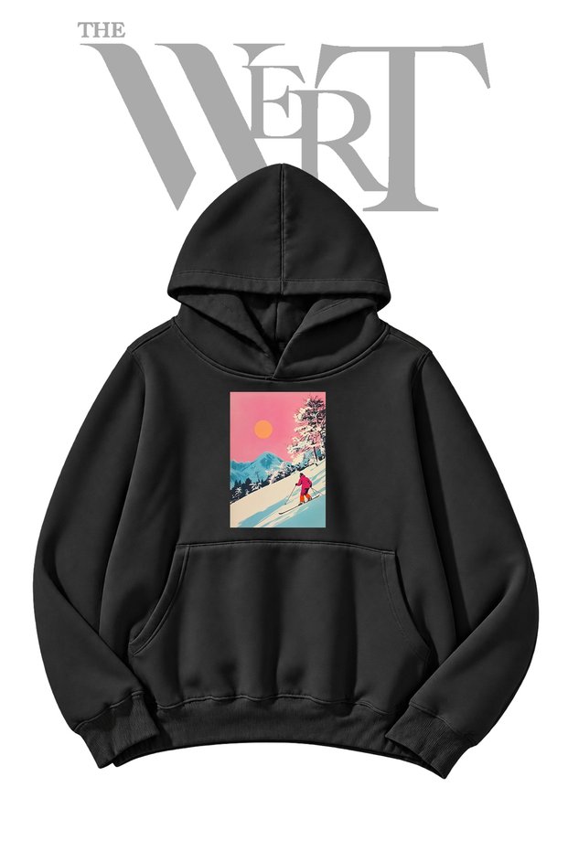 Ski Alpine Sunset Pre-Printed Black Hooded Sweatshirt (2-Ply)