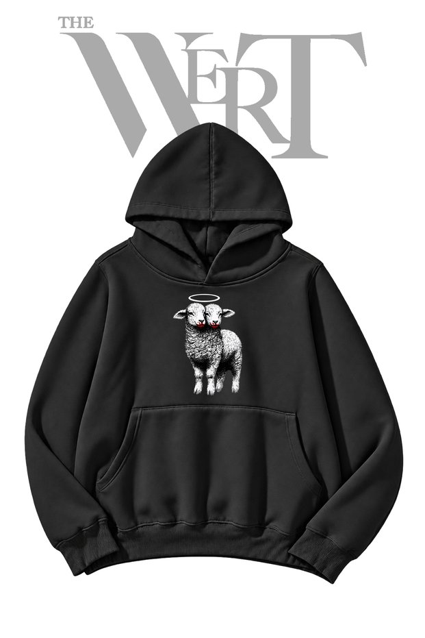 Black Hooded Sweatshirt with "Two-Headed Lamb" Print on the Front (2-Ply)