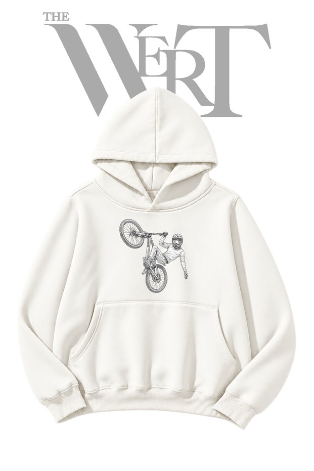 White Hooded Sweatshirt with Pre-Printed Bike Stunt Design (2-Ply)