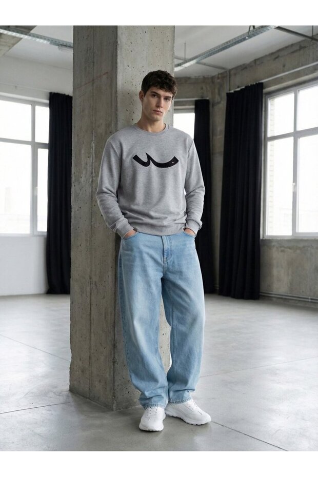 Regular Fit Gray Sweatshirt with "Sign" Print and Corded Fabric Hem