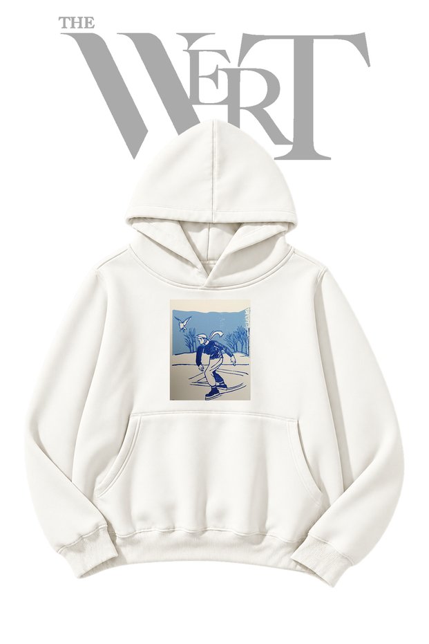 White Hooded Sweatshirt with "Ice Skater" Print (2-Ply)