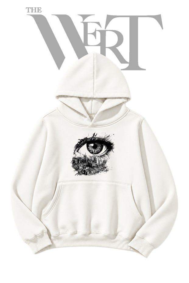 Harabe Goz Front-Printed White Hooded Sweatshirt (2-Ply)