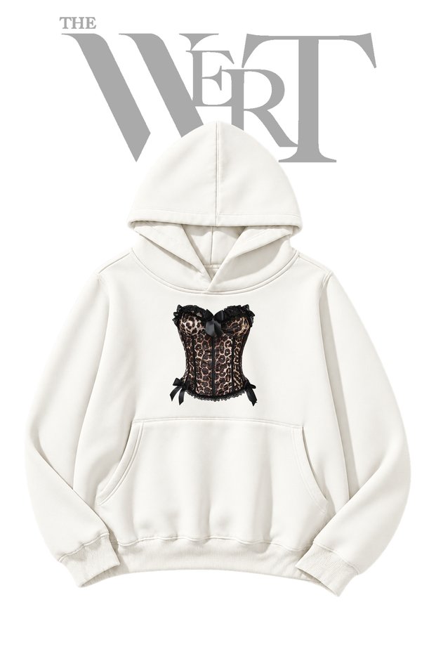 Leopard Corset White Hooded Sweatshirt with Front Print (2-Ply)