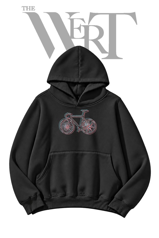 Black Hooded Sweatshirt with Pre-Printed Bicycle Design (2-Ply)