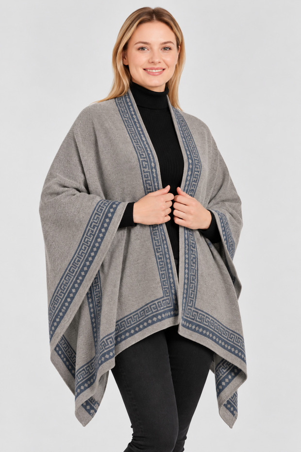 Women's Ethnic Patterned Knit Shawl Poncho – Relaxed Fit Shoulder Shawl