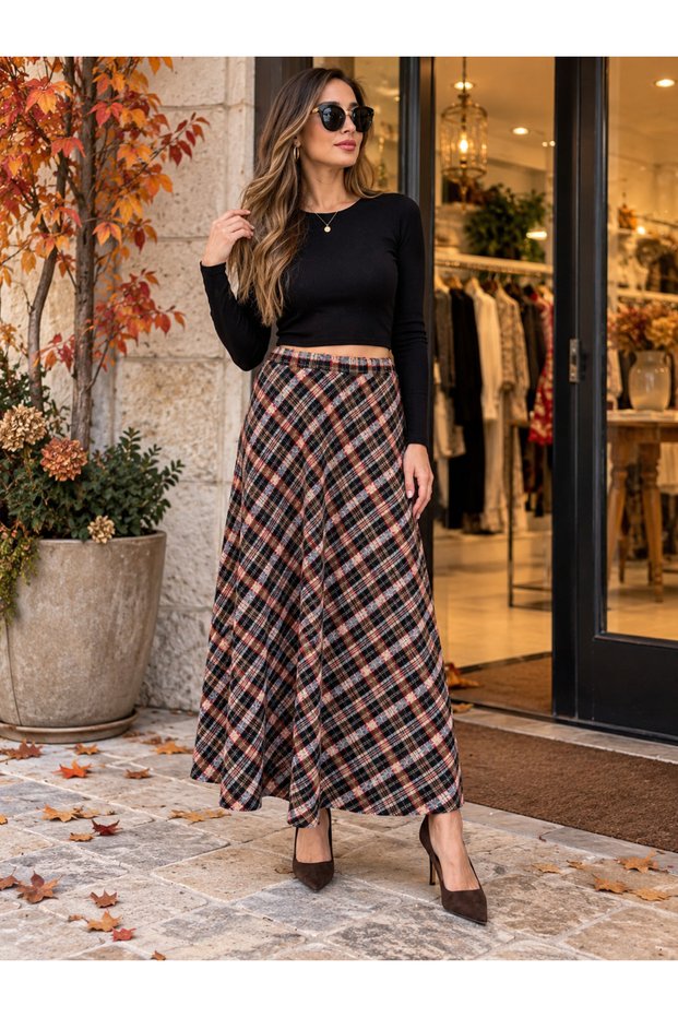 Chanel-Style Textured, Glittery Plaid Flared Skirt