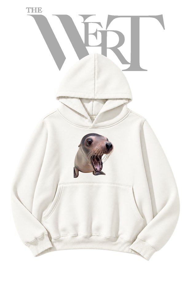 Baby Seal White Hooded Sweatshirt with Front Print (2-Ply)