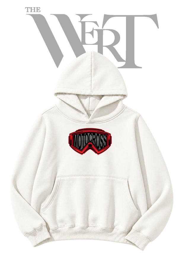 Motocross Goggle Front-Printed White Hooded Sweatshirt (2-Ply)