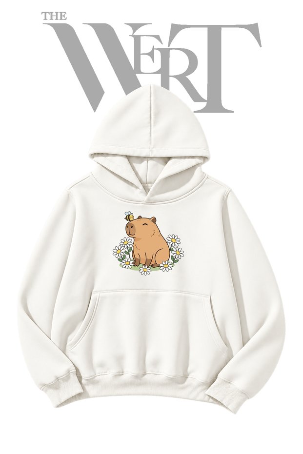 Capybara Ari White Hooded Sweatshirt with Front Print (2-Ply)