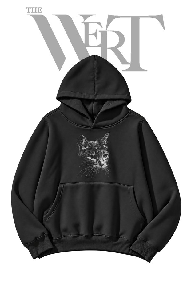 Ascıı Cat Pre-Printed Black Hooded Sweatshirt (2-Ply)