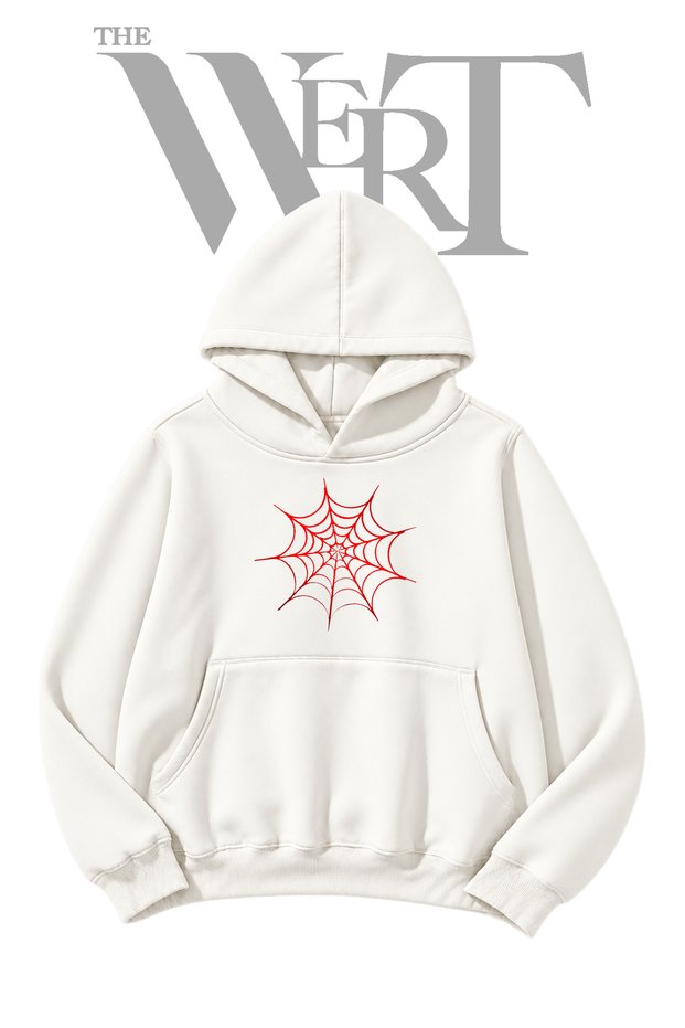 White Hooded Sweatshirt with Pre-Printed Spider Web Design (2-Ply)