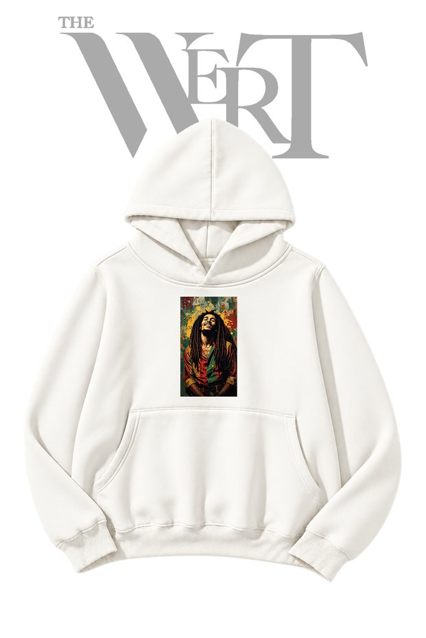 Bob Marley_2 Pre-Printed White Hooded Sweatshirt (2-Ply)