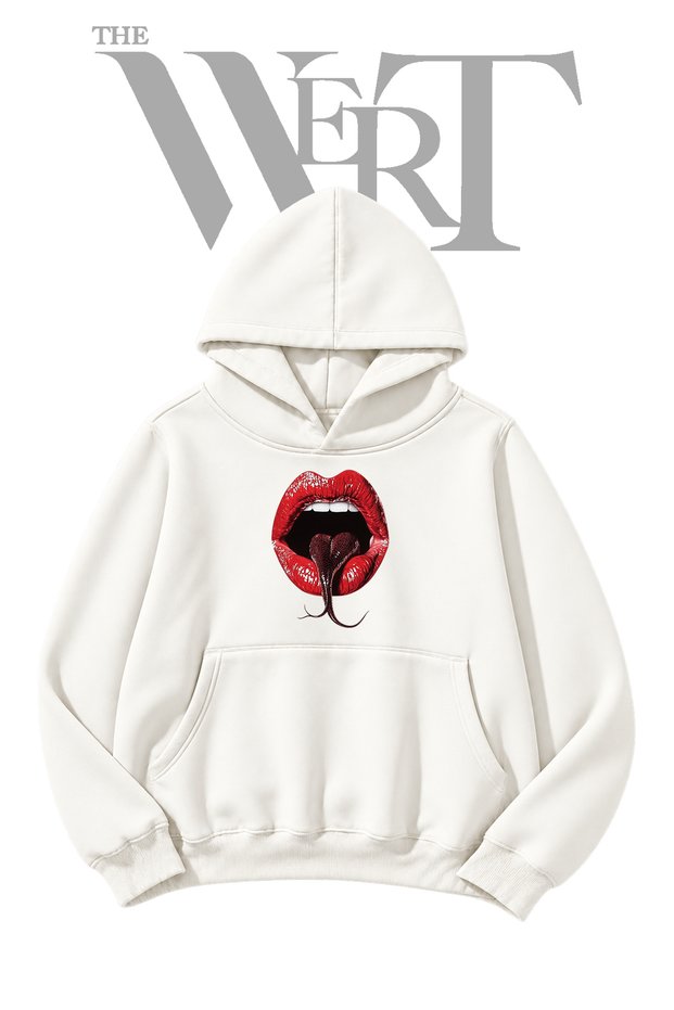 Snake Heart Lips White Hooded Sweatshirt with Front Print (2-Ply)