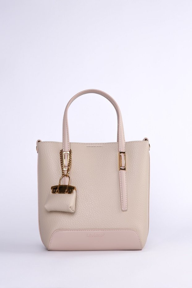 Mini bag, leather shoulder bag with accessories, mink color.
