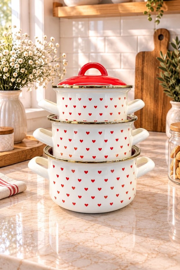 Patterned enamel cookware set - 3-piece storage and cooking pots with gold-plated edges.
