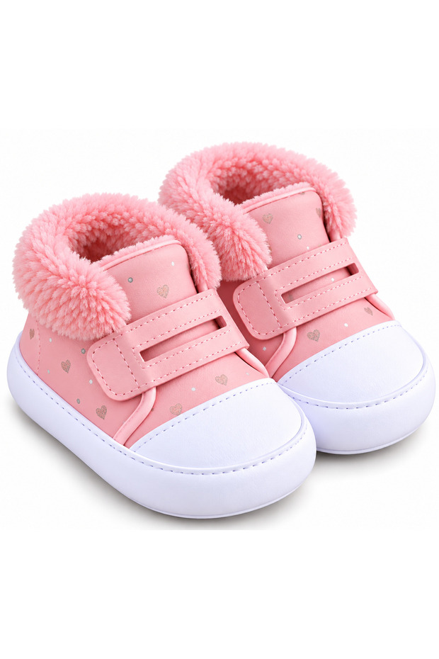 Girls' Baby and Toddler Plush, Fur-Trimmed, Heart-Patterned, Velcro-Closure Winter Boots