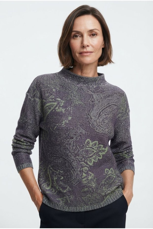 Women's Relaxed-Fit Knit Sweater with Damask Pattern