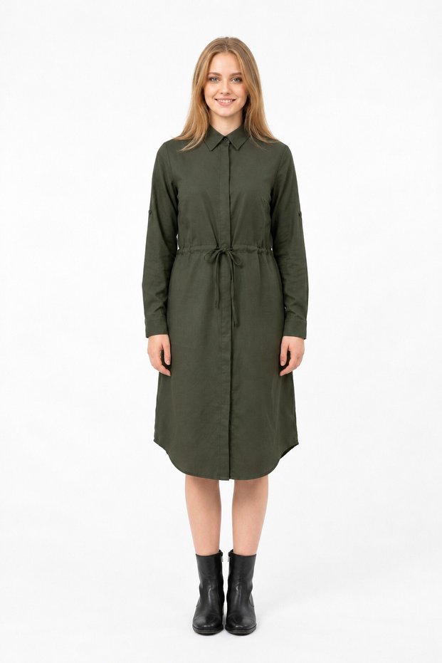 Women's Long Shirt Dress in Embroidered Armure Fabric with a Tie-Detail at the Waist