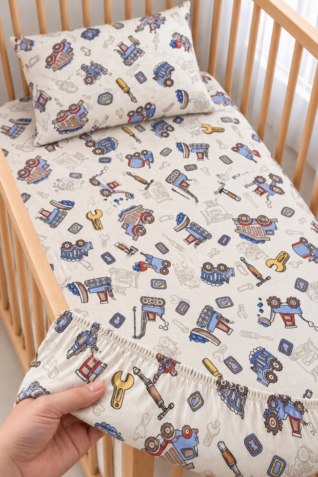 100% Cotton Mother's Side - Park Bed Repair Patterned Fitted Sheet Set - 2 Baby Pillowcases - 60X120-70X110-70X120, Compatible with Cribs and Beds.