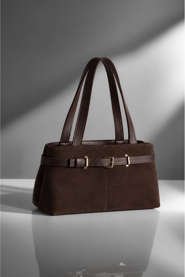 Women's Dark Brown Belt Detail Lined Zip Clutch Bag