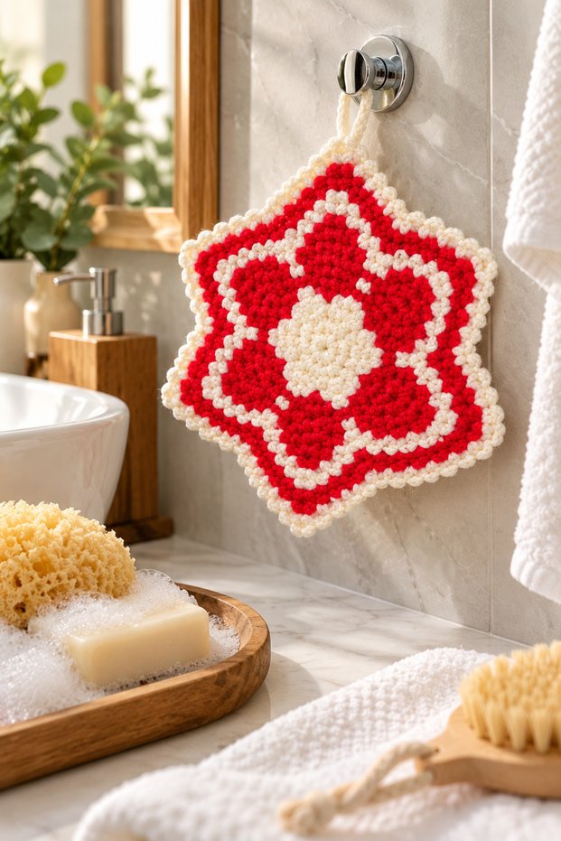 100% Hand-Knitted Red and White Bath Sponge - Hand-Knitted Flower-Patterned Bath Sponge – Soft-Textured, Traditional Bridal Set Knitted Shower Sponge (1 Piece)
