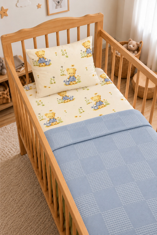 100% Cotton "Teddy Bear Print" Co-Sleeper Crib Set - Blanket, Fitted Sheet, and Pillowcase - 3-Piece Baby Set - Compatible with 60x120, 70x110, and 70x120 Mattresses