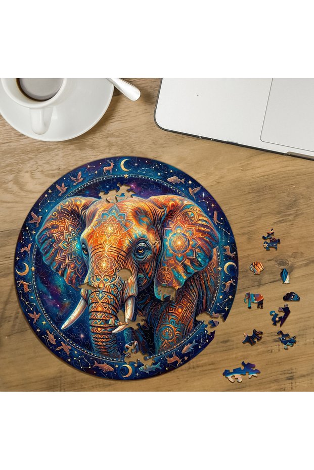 Patterned "Mystic Elephant" Design, Custom-Cut Round 272-Piece Wooden Puzzle MPDA3101