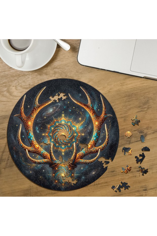 Mandala Deer Antlers Design, Custom-Cut Round 272-Piece Wooden Puzzle MPDA3083