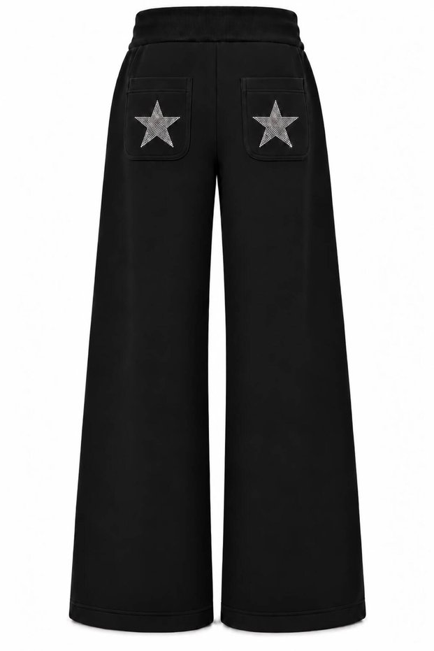 Women's Star Stone-Printed Curved-Hem Fleece-Lined Wide-Leg Sweatpants