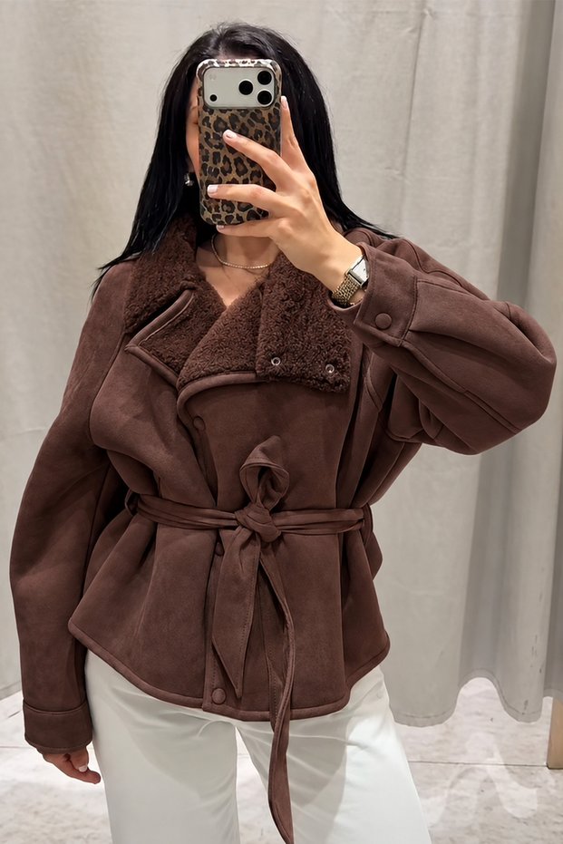 Women's Suede Winter Jacket with Fur-Lined, Belted Design