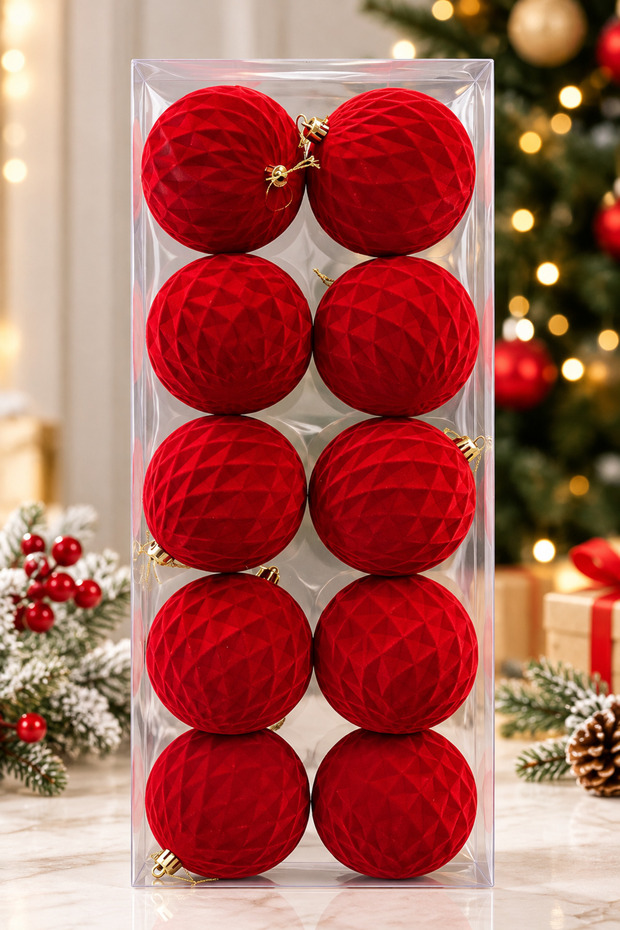 ERT-YIL-26305 New Year's Velvet Ball, Red, 10 cm, 10 Pieces, in a PVC Box
