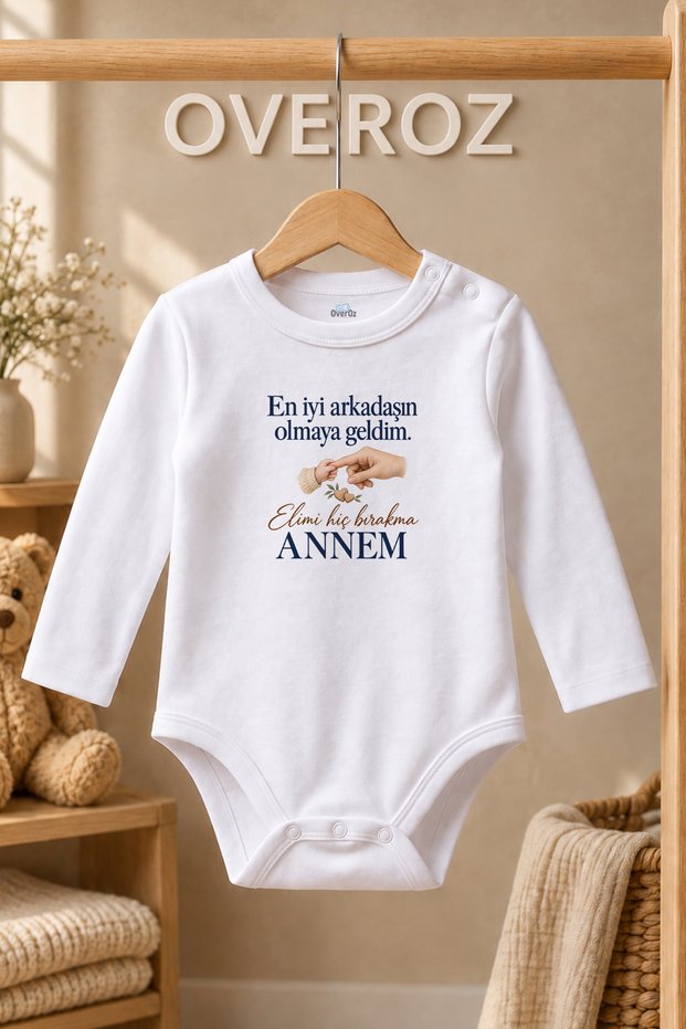 "Mom" Printed Baby Bodysuit; White Long-Sleeved Bodysuit with "Mom" and "Baby" Handprints 6134