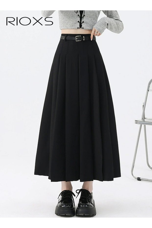 Women's Pleated A-line Maxi Skirt, Fall High Waisted Ankle Length Pleated Tennis Skirts with Belt, C