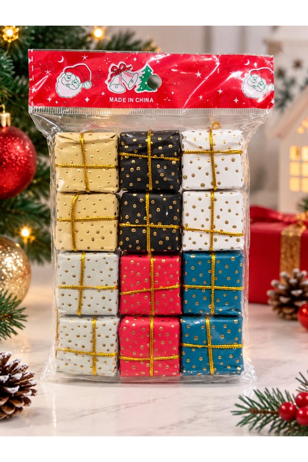 ERT-YEAR-26202 NEW YEAR'S GIFT PACKAGE TREE ORNAMENTS 12-PIECE OPP