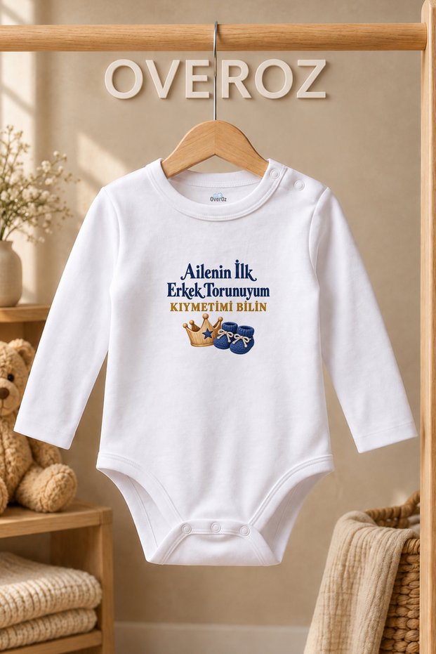 First Grandson Baby Bodysuit, Crown, and Booties—Printed White Long-Sleeved Bodysuit 6124
