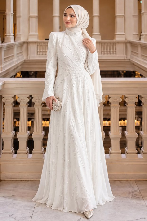 White Modest Evening Gown embellished with stones, 56062B