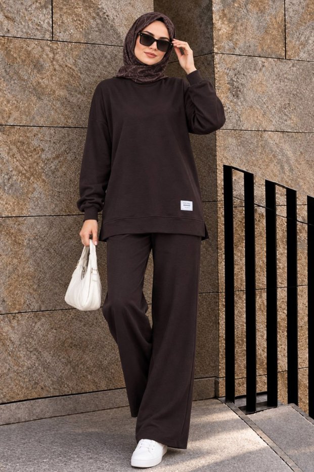 Oysho Basic Crew Neck Dark Brown Modest Two-Piece Set 10412KKH
